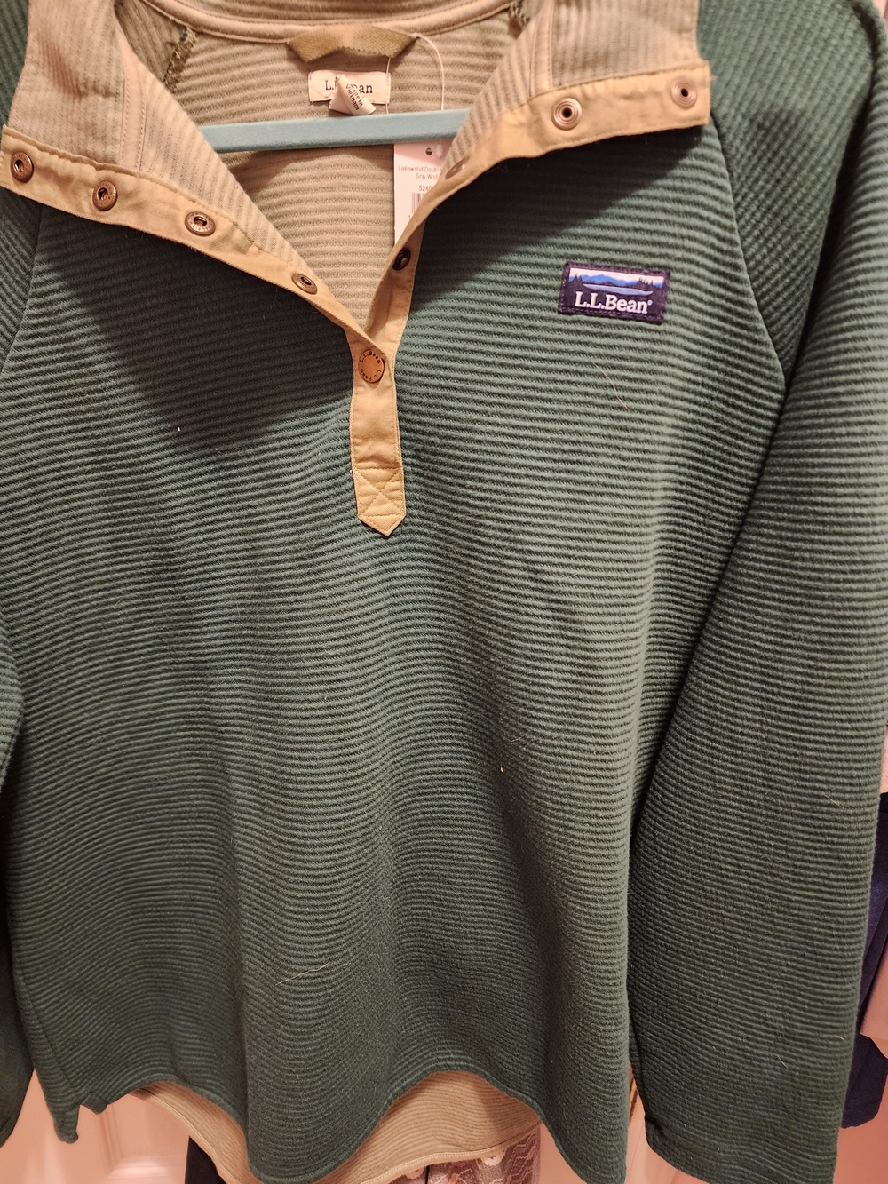L.L. Bean Sage Green Waffle-Knit Snap Henley Sweater with Tan Trim